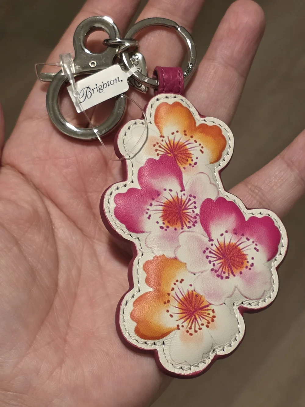 Brighton Pink Floral Leather Keychain Reversible Flower Key Handbag Fob Holder